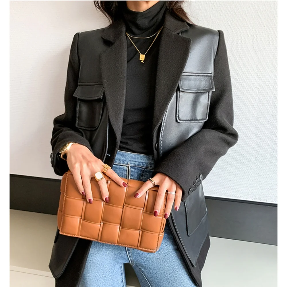 Autumn Black Patchwork Leather Jacket Women with Many Pockets Long Sleeve - Picture 7 of 10
